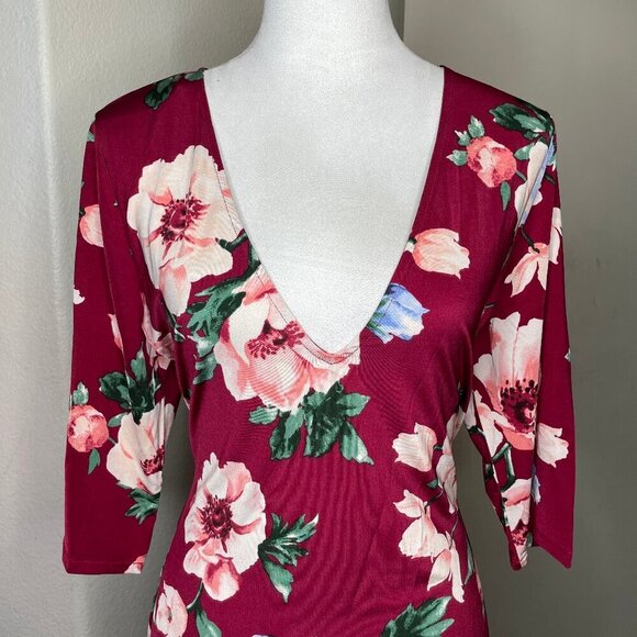 Forever 21+ Floral Low Cut V-Neck Floral 3/4 Sleeve Midi Dress Occasion Event XL - Picture 2 of 7